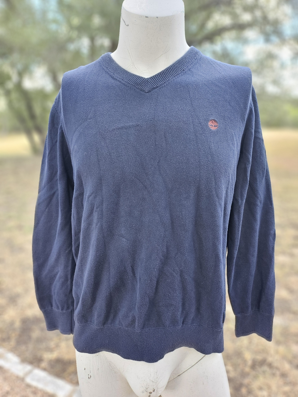 Timberland Navy V-Neck Organic Cotton Knit Sweater with Rust Interior Trim L